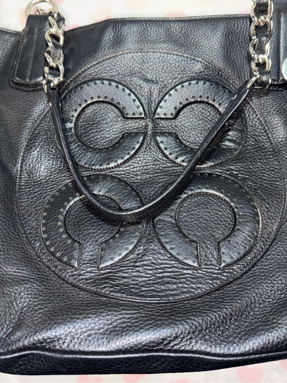 Coach Black Leather Patch Tote Interior on Light Blue Lining